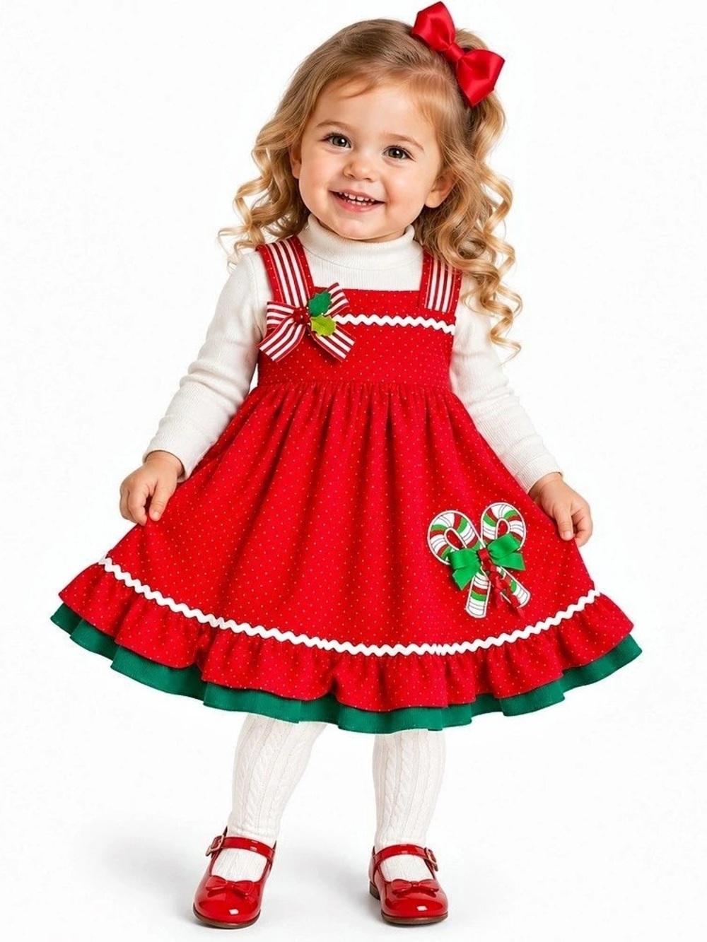 Rare,too! Red corduroy Toddler Holiday Dress w/ Green and White Accents-24mo